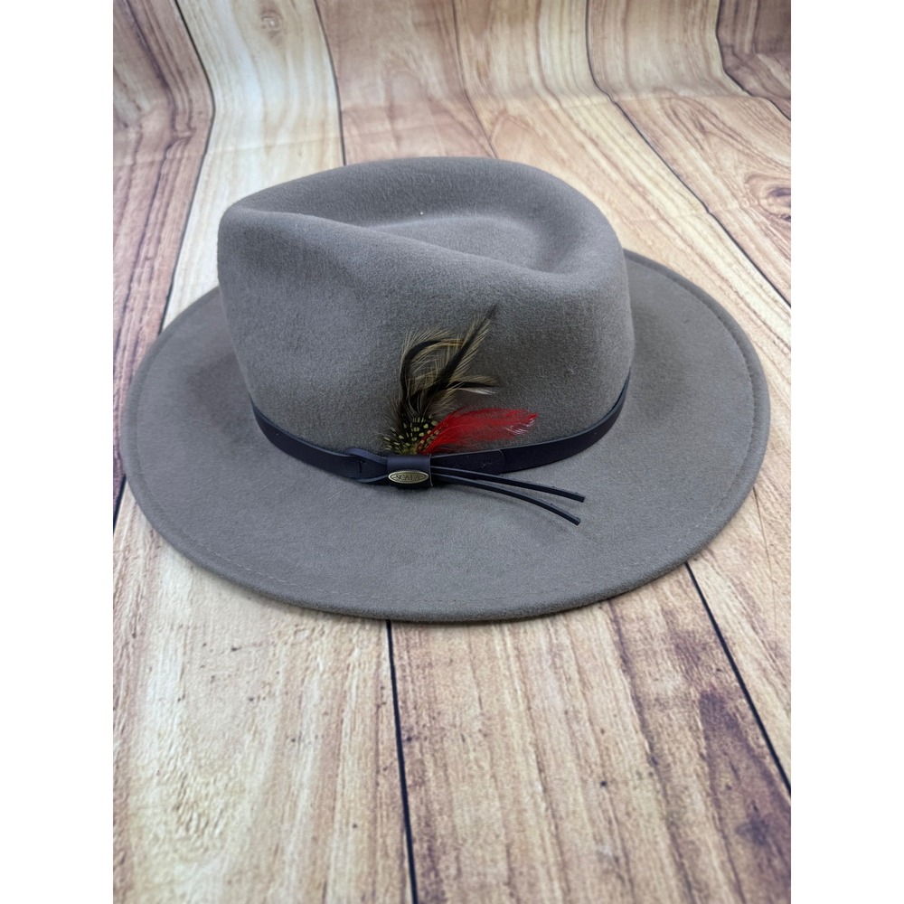 Scala Outback Wool Felt Hat Brown Fedora Feather Leather Band Large